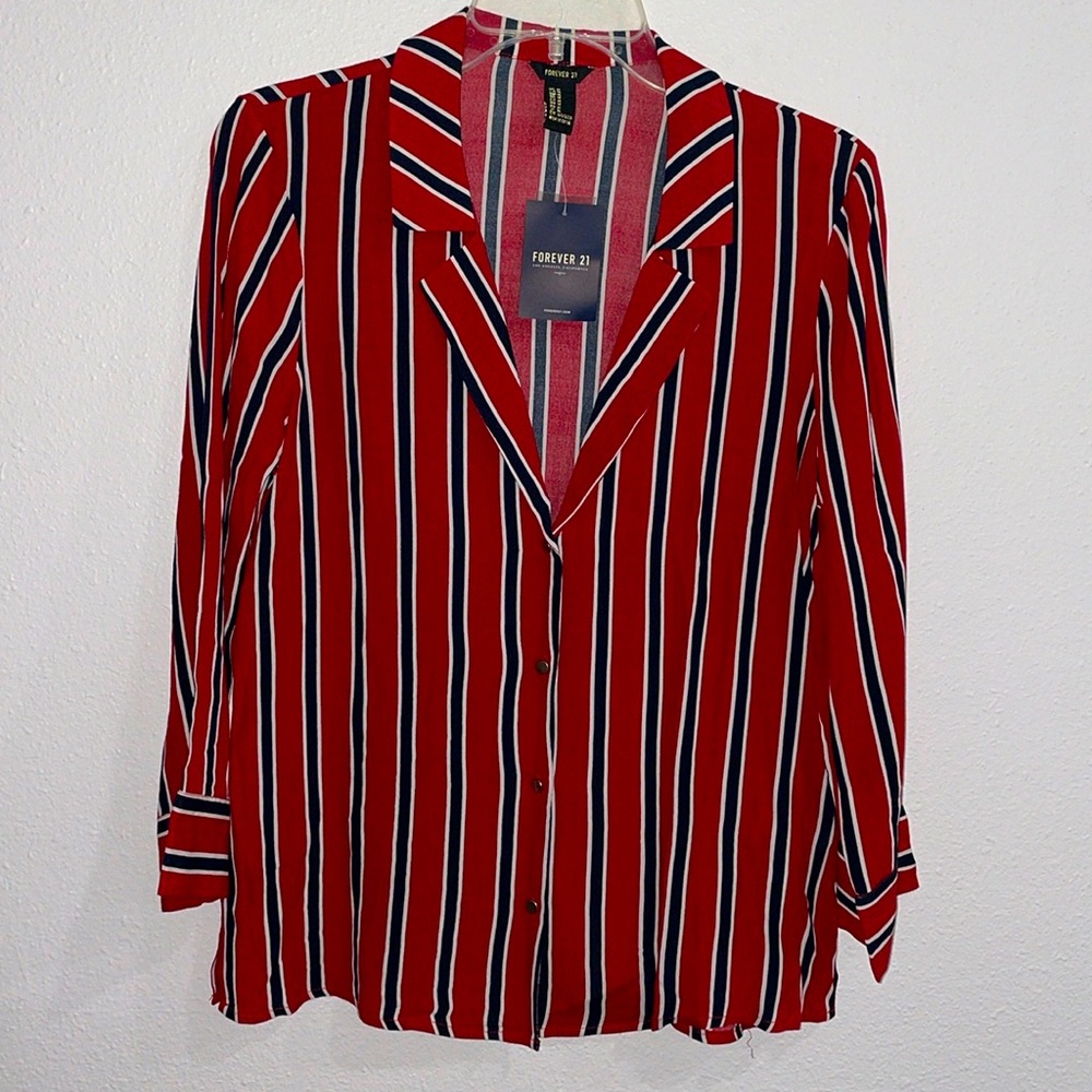 Women Red Striped Button Down Shirt